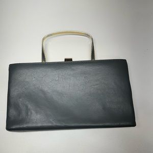 Vintage Ande Grey Faux Leather Gold Accent Evening Clutch Purse Retro Handle